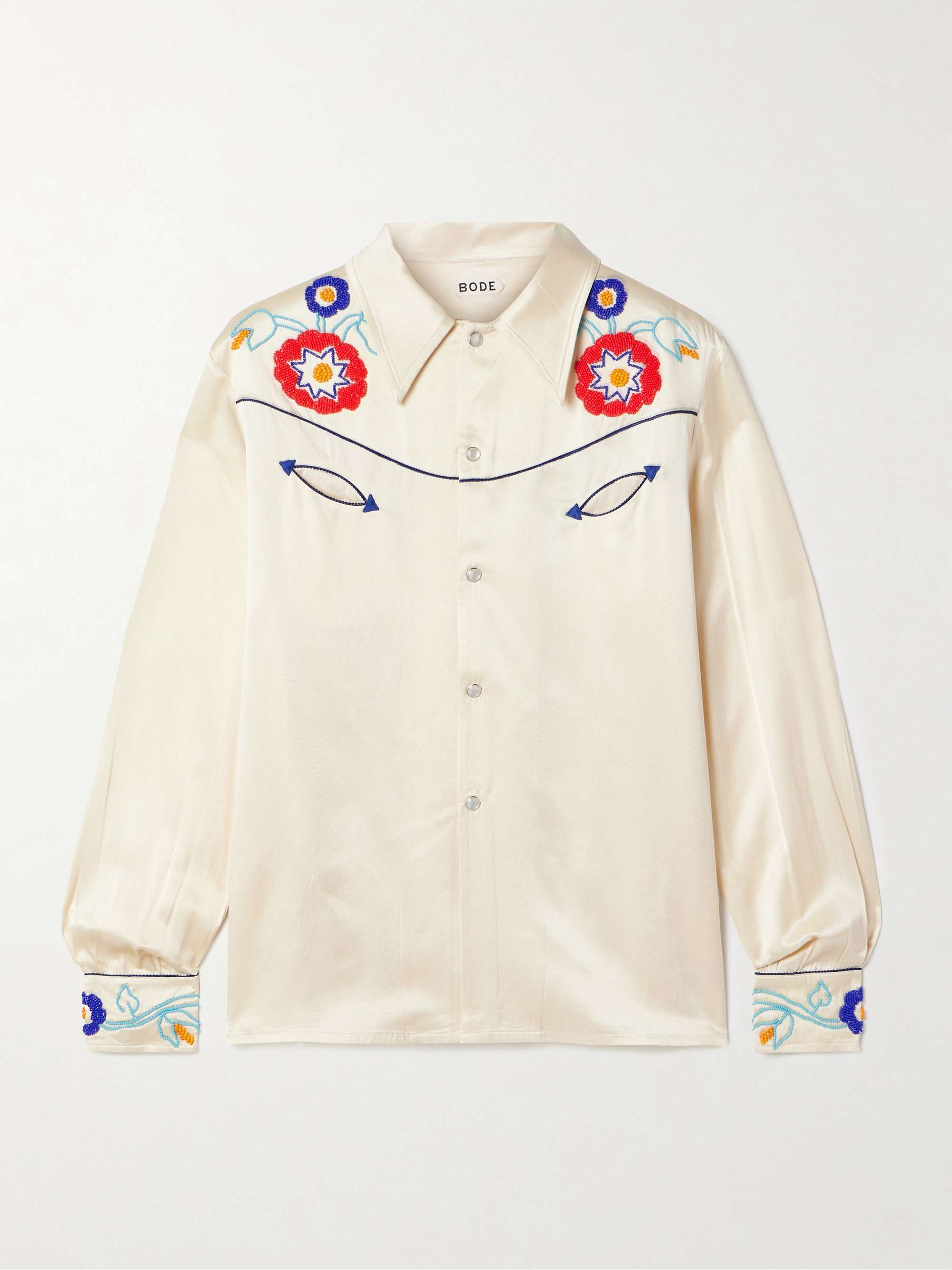Garden Party Bead-Embellished Embroidered Silk-Satin Shirt