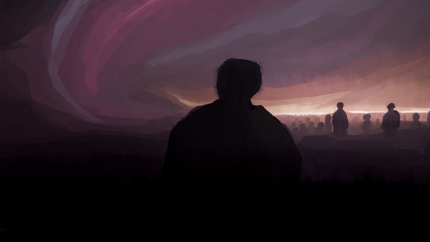 Concept art for Welcome To The Dark Place with a shadowy silhouette of a person against a dark purple background, there are more people in the distance. 