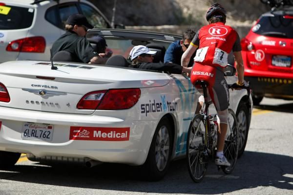 What's up doc? Jose Luis Rubiera Vigil (Team Radioshack) seeks some medical attention. Rubiera made it through the stage despite being worse for wear after yesterday's crashes.