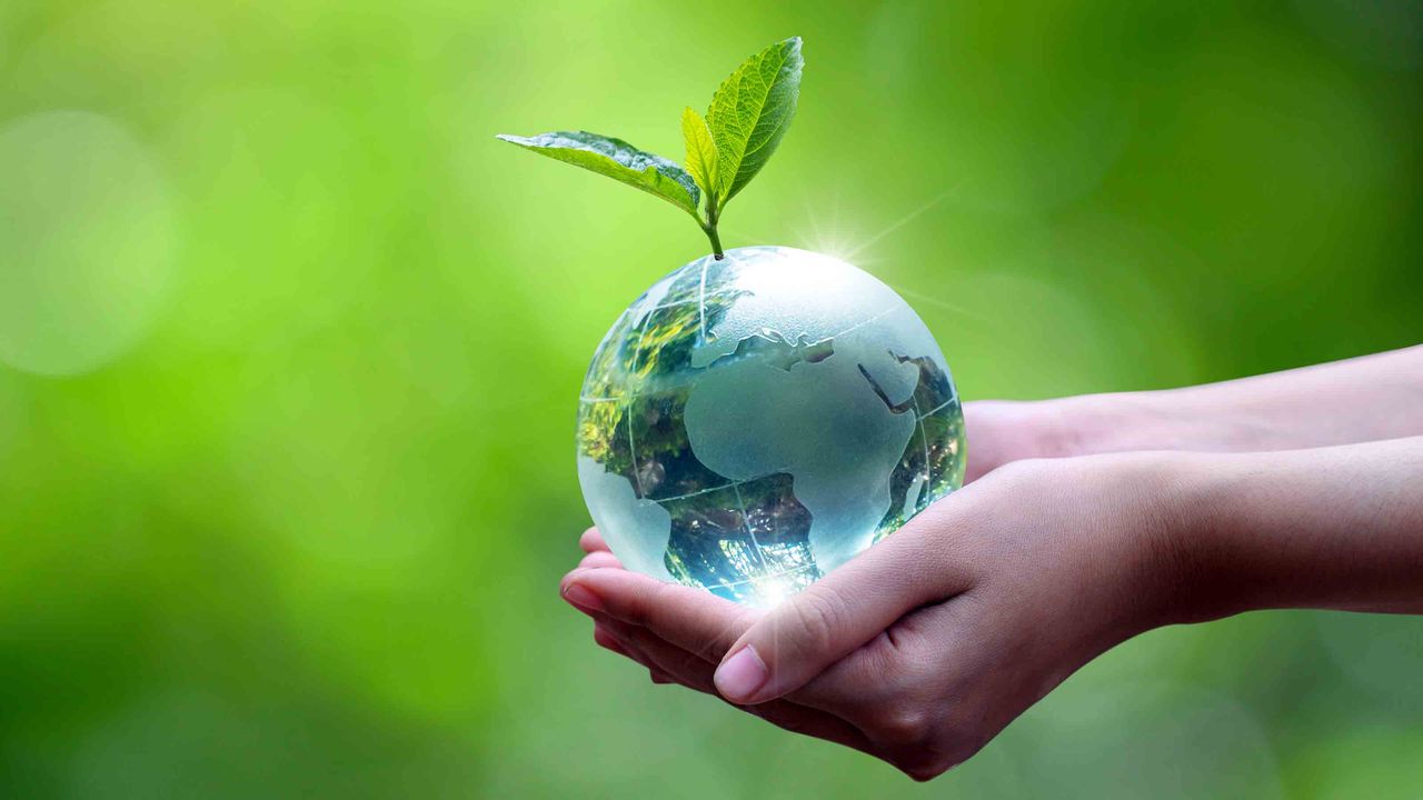 Earth Day concept art of the globe sprouting a plant while held in a child&amp;#039;s hands