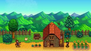 Stardew Valley key art - a player on a horse rides near a farmhouse while another harvests corn.