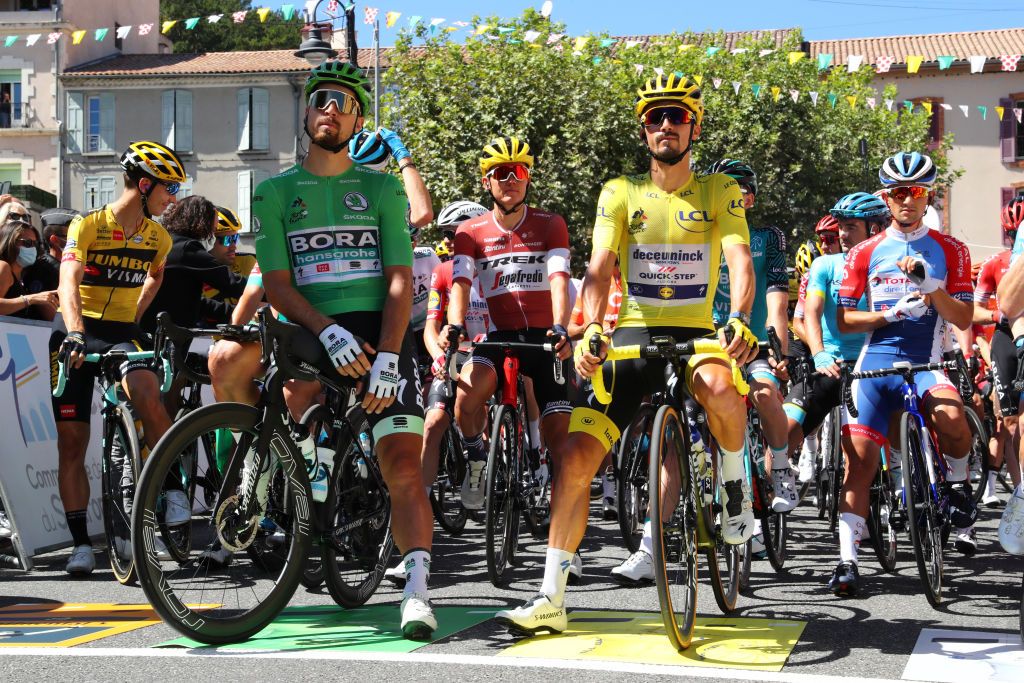 ORCIERES FRANCE SEPTEMBER 01 Start Peter Sagan of Slovakia and Team Bora Hansgrohe Green Points Jersey Toms Skujins of Latvia and Team Trek Segafredo Julian Alaphilippe of France and Team Deceuninck QuickStep Yellow Leader Jersey during the 107th Tour de France 2020 Stage 4 a 1605km stage from Sisteron to OrcieresMerlette 1825m TDF2020 LeTour on September 01 2020 in Orcieres France Photo by Michael SteeleGetty Images