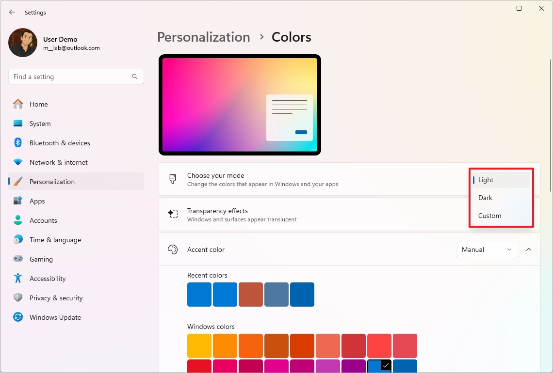 Windows 11 change color mode