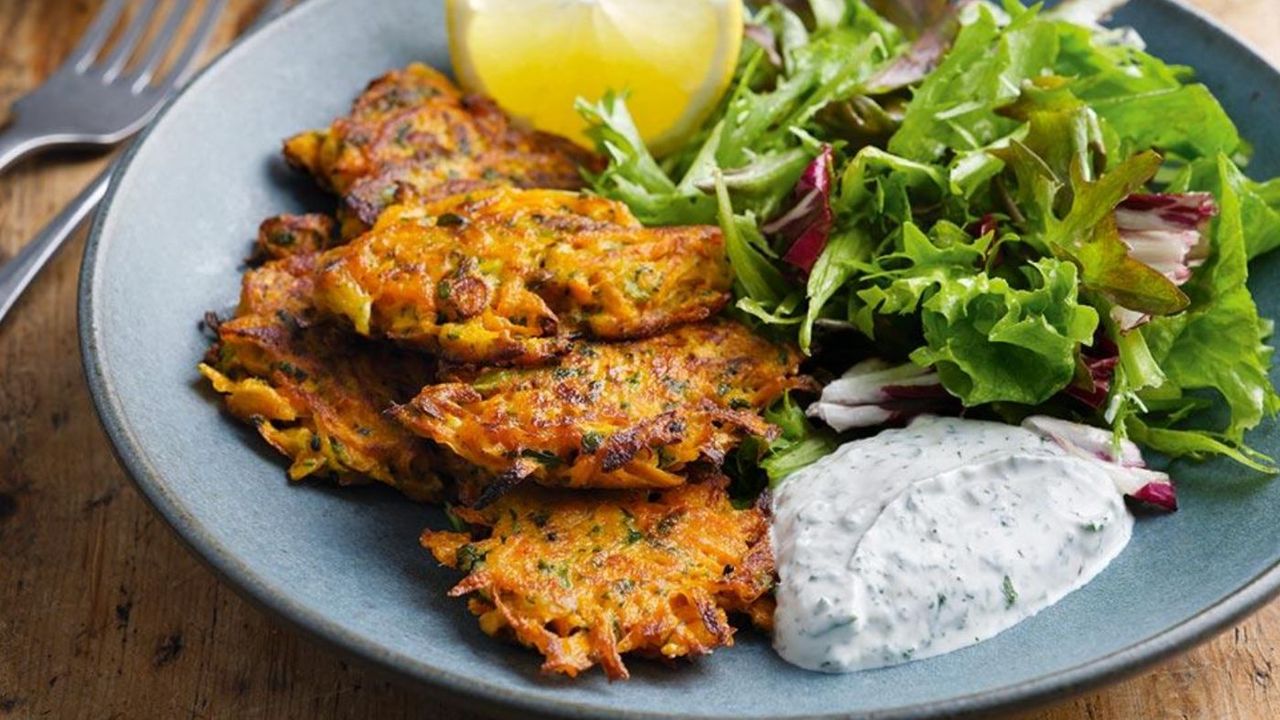 Tom Kerridge’s carrot fritters with herby yoghurt