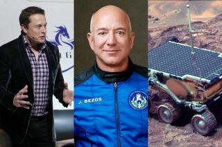 three-panel image showing elon musk, jeff bezos and the mars pathfinder mission's sojourner rover