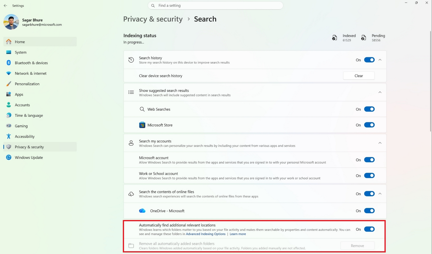 Windows 11 Settings app in the Search page highlighting the Automatically find additional relevant locations option.