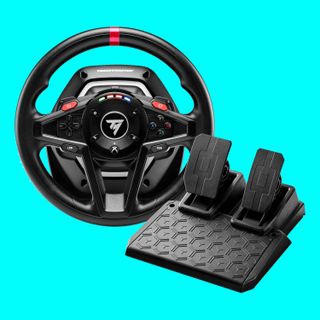 Our best budget racing wheel, the Thrustmaster T128 on a blue background, with pedals