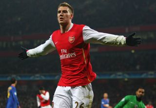 Nicklas Bendtner celebrates a goal for Arsenal against Steaua Bucharest in December 2007.