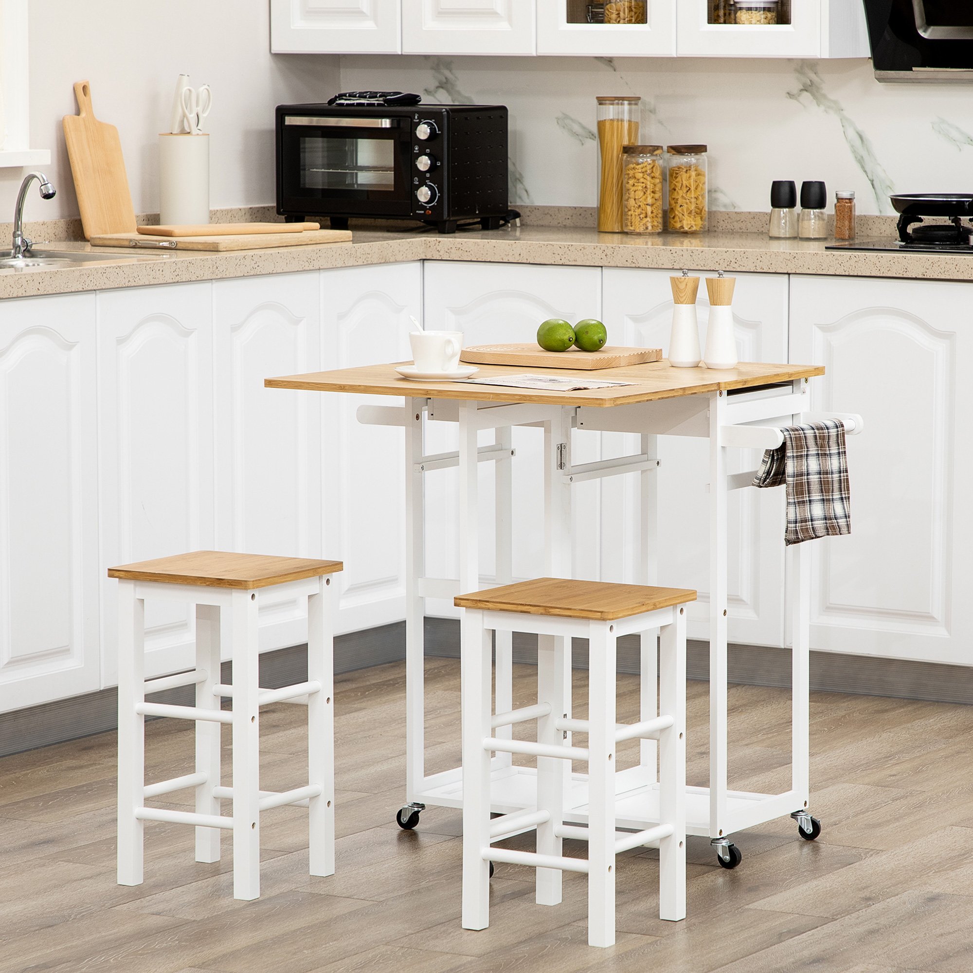 Homcom 3 Piece Rolling Bamboo Kitchen Island and 2 Stools Set - White
