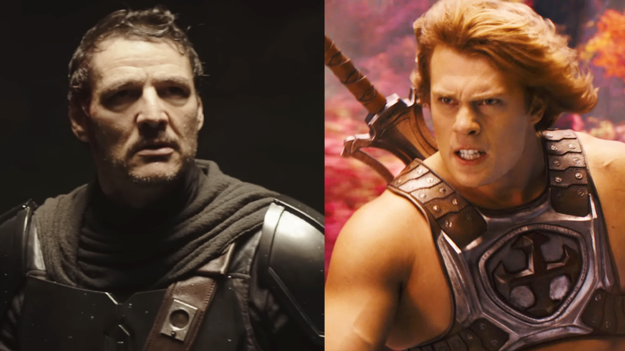 Pedro Pascal without his helmet in Mandalorian and Grogu, Nicholas Galitzine as Prince Adam in The Masters of the Universe (2026).