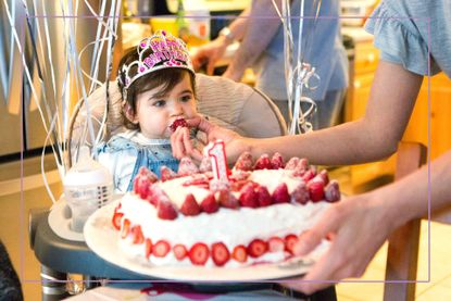 1st birthday party ideas illustrated by baby in high chair with strawberry cake