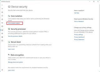 Core Isolation Details on Windows Security