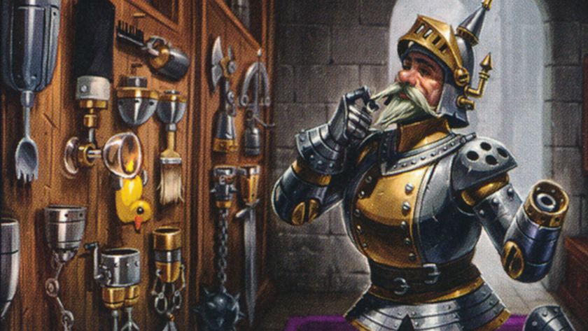 A bearded knight with a missing hand considers a replacement from objects hanging on a wall