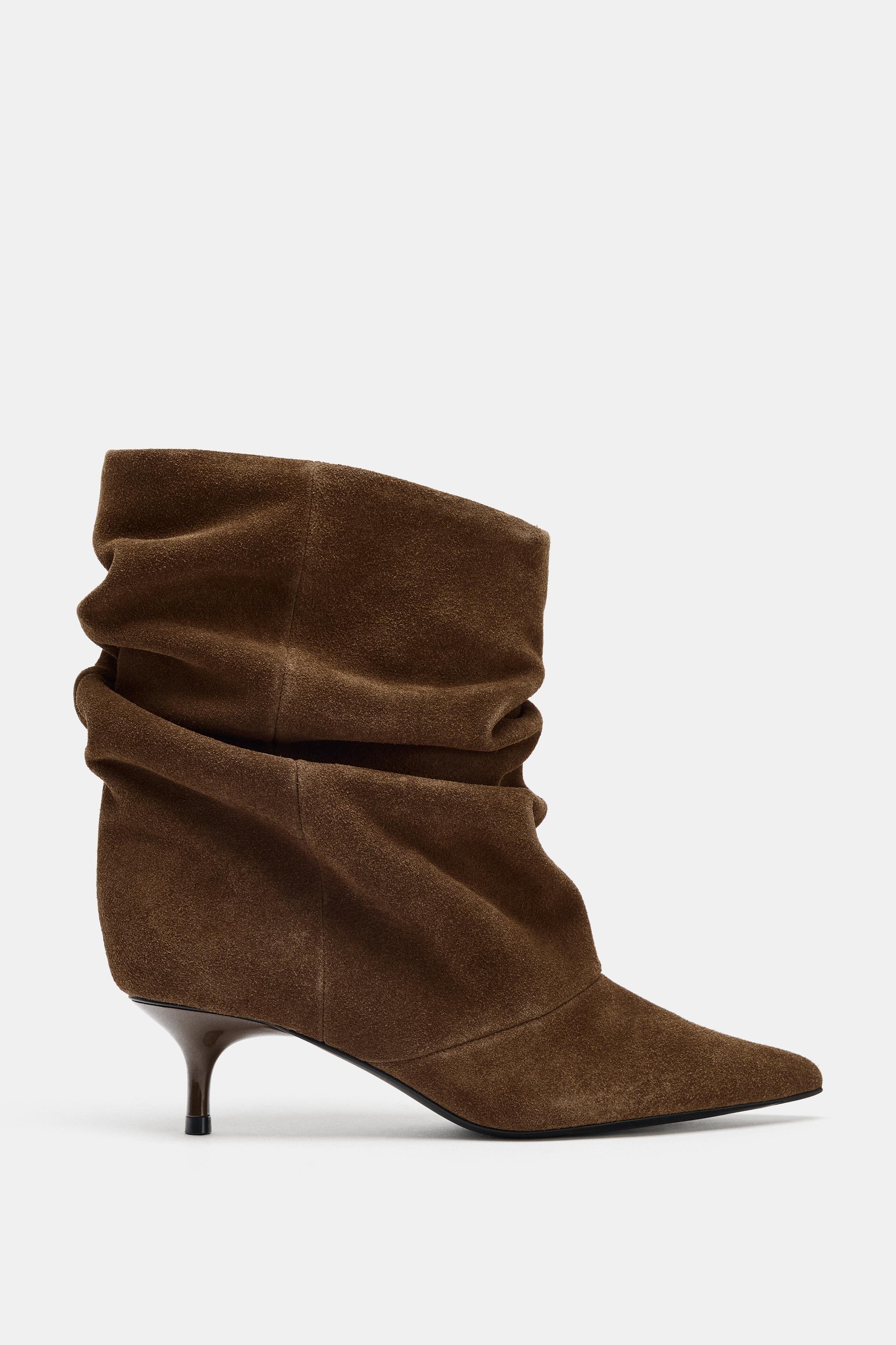 Ruched Split Leather Ankle Boots