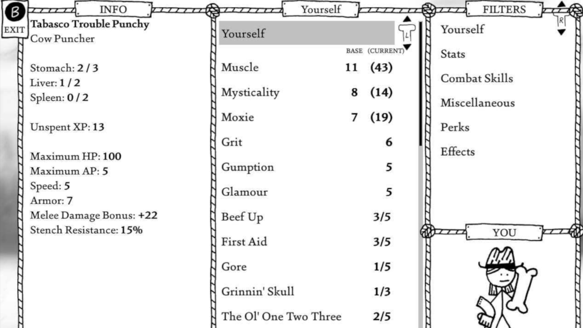 A character sheet for a Cow Puncher character in the RPG West of Loathing