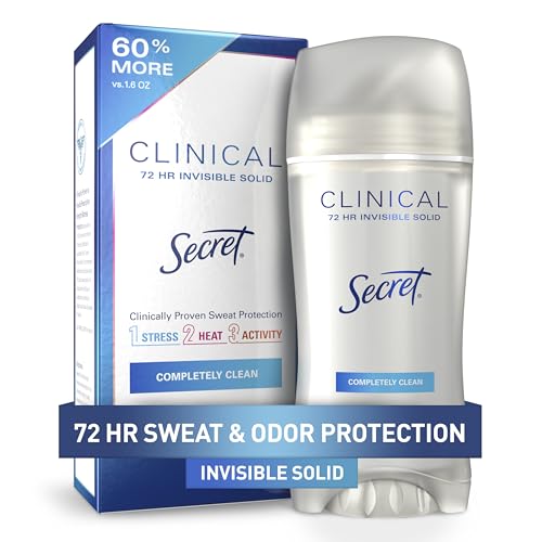Secret Clinical Strength Antiperspirant Deodorant for Women, 3x Stress Protection, 72hr Sweat & Odor Protection, Ph Balancing Minerals, Invisible Solid, Completely Clean Scent, 2.6 Oz