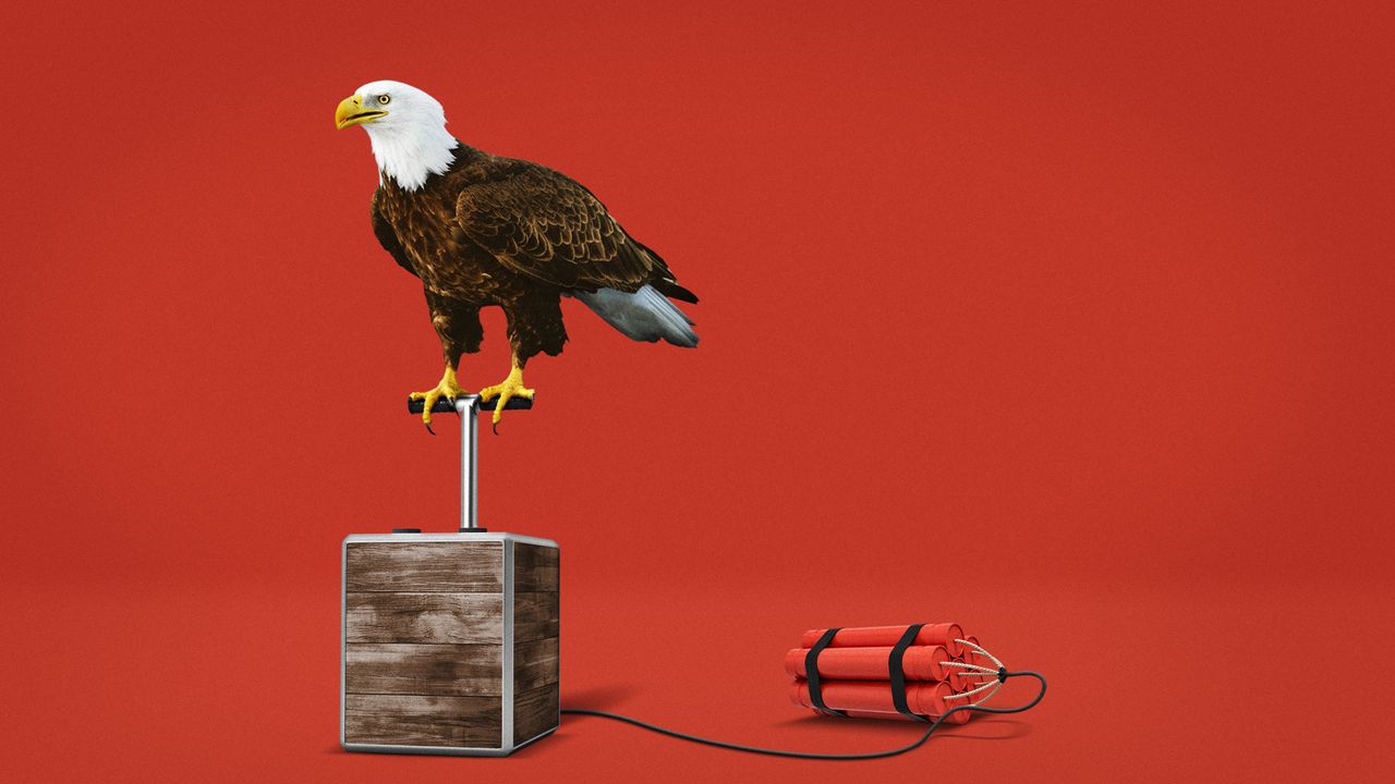 Photo composite of a bald eagle sitting on the detonator of a dynamite bundle