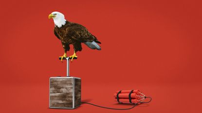 Photo composite of a bald eagle sitting on the detonator of a dynamite bundle
