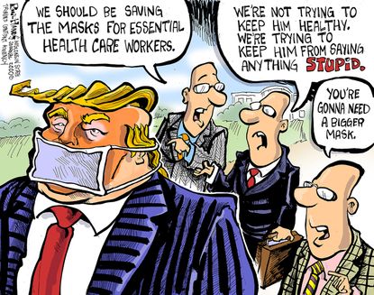 Political Cartoon U.S. Trump coronavirus muzzling masks