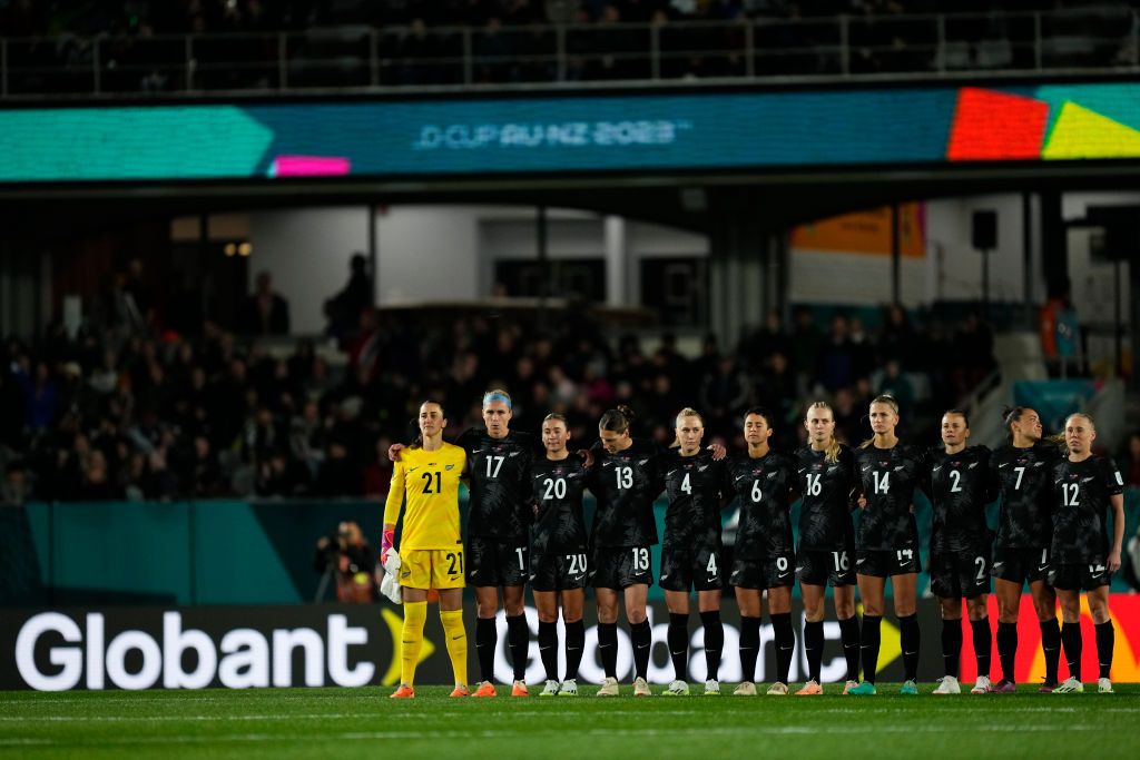 New Zealand Women&#039;s World Cup 2023 squad New Zealand team moment of silence prior to the FIFA Women&#039;s World Cup Australia &amp;amp; New Zealand 2023 Group A match between New Zealand and Norway at Eden Park on July 20, 2023 in Auckland, New Zealand.