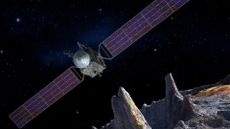 An illustration of the Psyche spacecraft surveying the massive, metal-rich asteroid 16 Psyche.