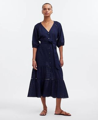 Madewell, Tie-Waist Tiered Midi Dress in Windowpane