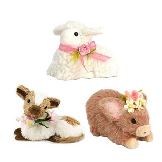 Three animal figurines - 1 brown and white cow sitting with a flower wreath necklace, 1 white lamb with a pink ribbon necklace, and 1 brown pig with a flower crown.