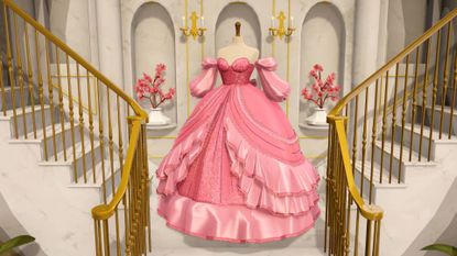 Screenshot from Dressmaker launch trailer shows a large pink ball gown. 