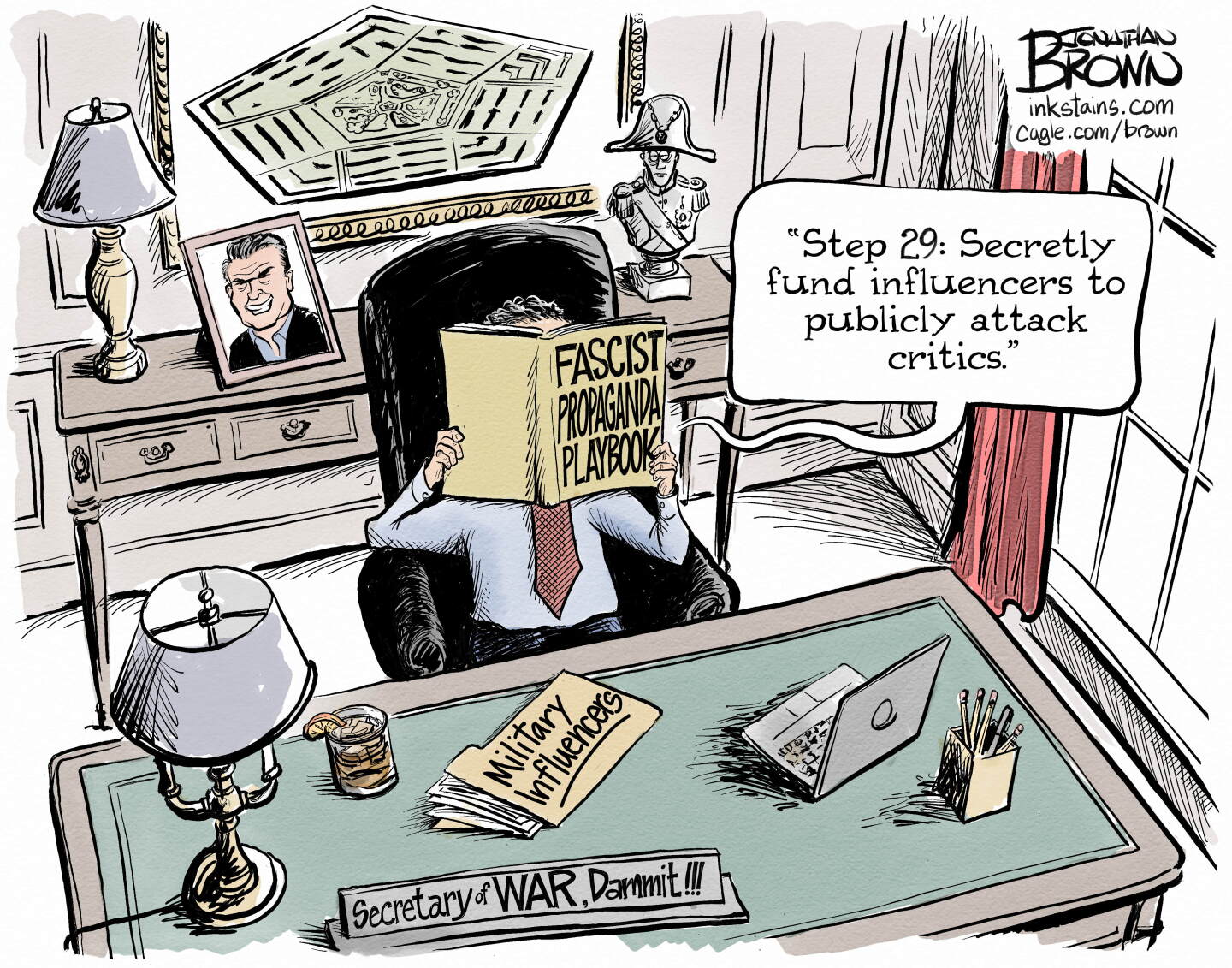 Pete Hegseth sits at his desk reading from a book named &amp;ldquo;Fascist Propaganda Playbook&amp;rdquo;. He says, &amp;ldquo;Step 29: Secretly fund influencers to publicly attack critics.&amp;rdquo;