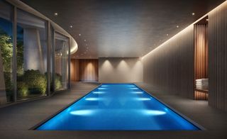 70ft indoor pool with celining lights reflecting in the pool.
