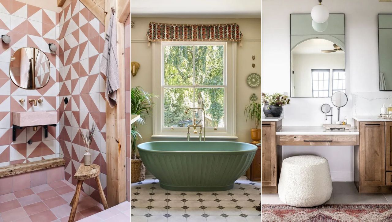 Three panel bathroom image. Pink and white shower, blue bathtub, rustic dressing area