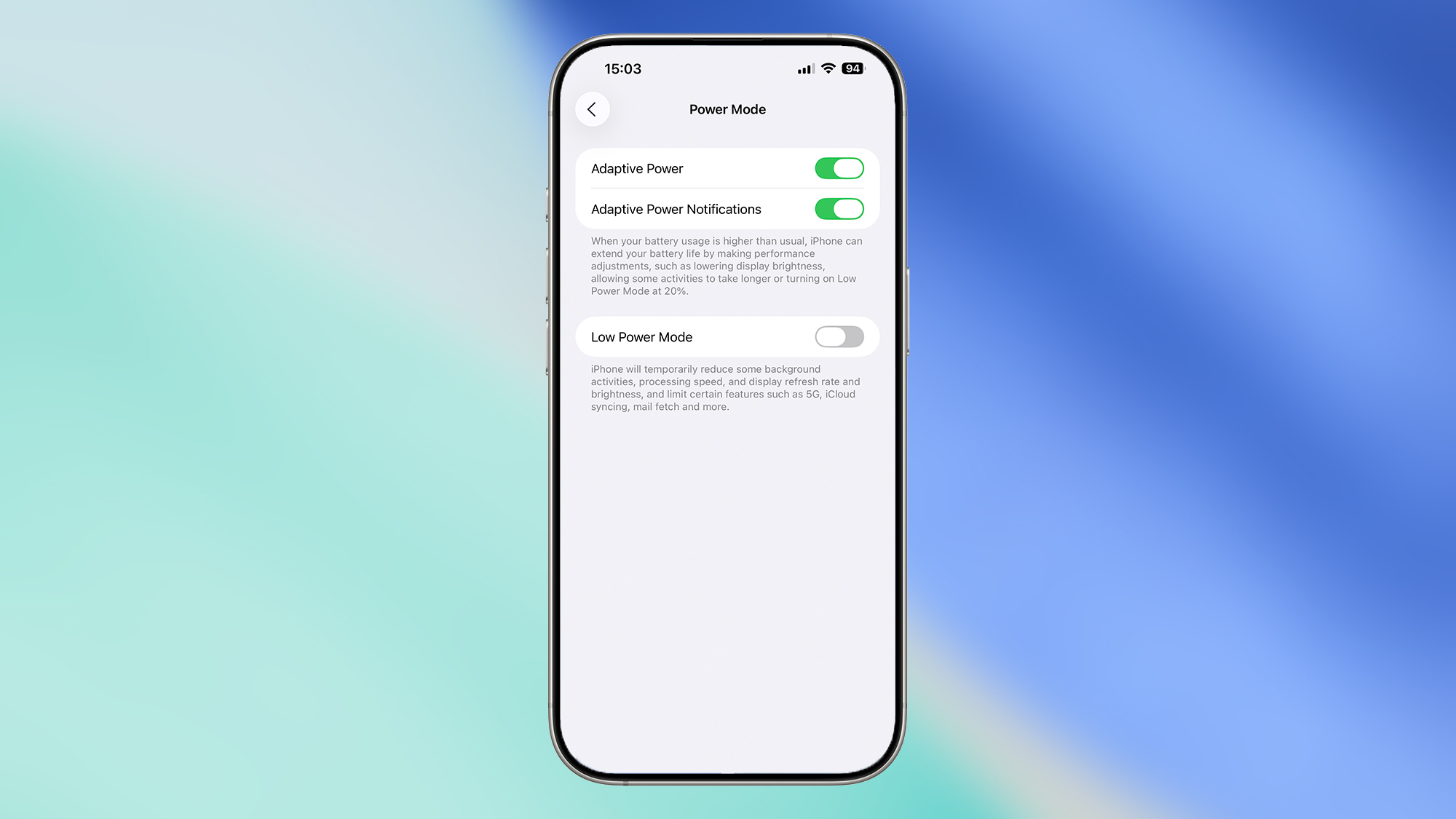 iOS 26 Adaptive Power mode screen