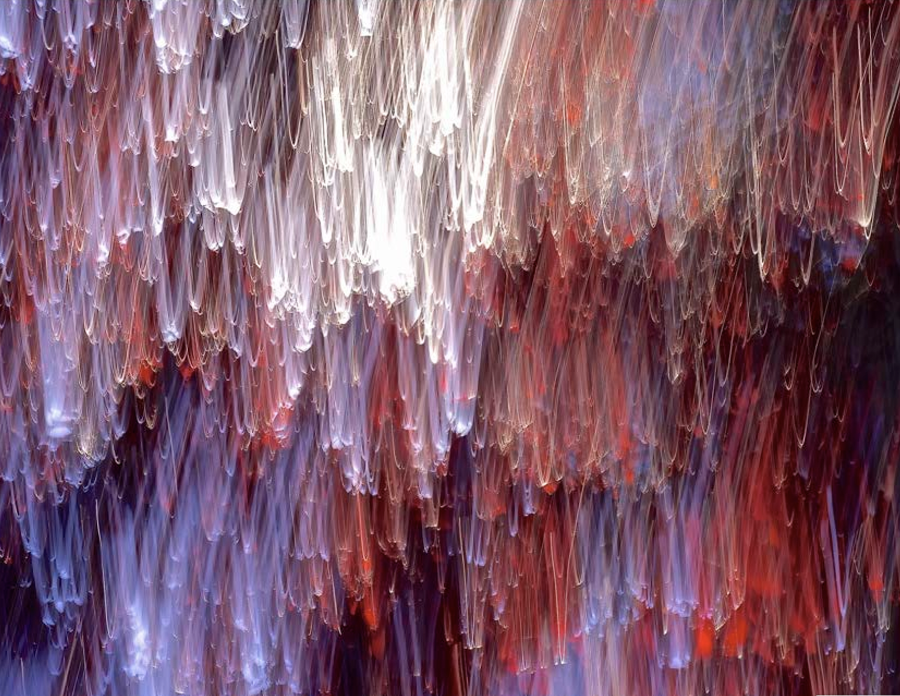 An abstract image featuring vertical streaks of white, red, and purple light, creating a sense of movement or falling fabric.