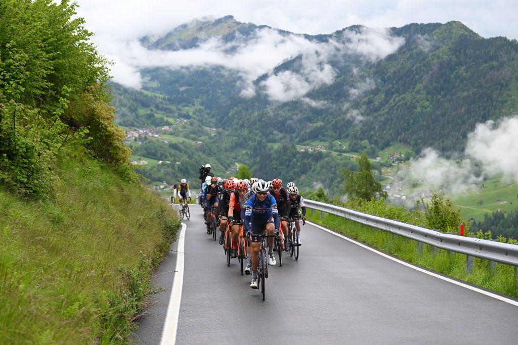 PASSO BROCON ITALY MAY 22 Mauri Vansevenant of Belgium and Team Soudal QuickStep leads in the chase group during the 107th Giro dItalia 2024 Stage 17 a 159km stage from Selva di Val Gardena to Passo Brocon 1604m UCIWT on May 22 2024 in Passo Brocon Italy Photo by Dario BelingheriGetty Images