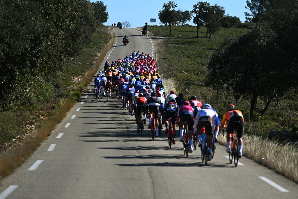 AUBAIS FRANCE FEBRUARY 02 A general view of the peloton competing during the 53rd Etoile de Besseges Tour Du Gard 2023 Stage 2 a 16963km stage from Bagard to Aubais EDB2021 on February 02 2023 in Aubais France Photo by Luc ClaessenGetty Images