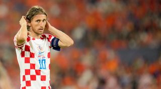 Luka Modric of Croatia looks on during the UEFA Nations League 2022/23 semifinal match between Netherlands and Croatia at De Kuip on June 14, 2023 in Rotterdam, Netherlands.