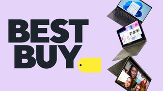 Best Buy logo with laptop images