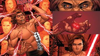 Image from a Star Wars comic book. Here we see Kylo Ren using his rage, hate and blood to turning a kyber crystal red to create a red lightsaber that he can wield.