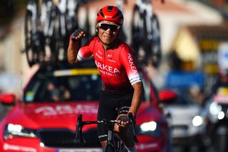 BLAUSASC FRANCE FEBRUARY 20 Nairo Alexander Quintana Rojas of Colombia and Team Arka Samsic celebrates at finish line as stage winner during the 54th Tour Des Alpes Maritimes Et Du Var Stage 3 a 1126km stage from Villefranche sur Mer to Blausasc on February 20 2022 in Blausasc France Photo by Dario BelingheriGetty Images