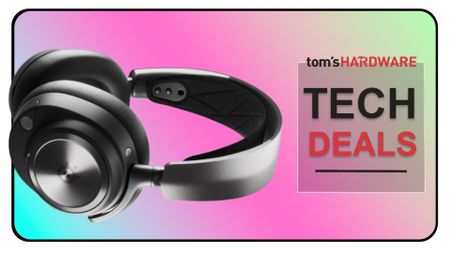 Black Arctis Nova Pro Wireless headset on a gradient background with a Tom's Hardware logo and "Tech Deals" lettering beneath.