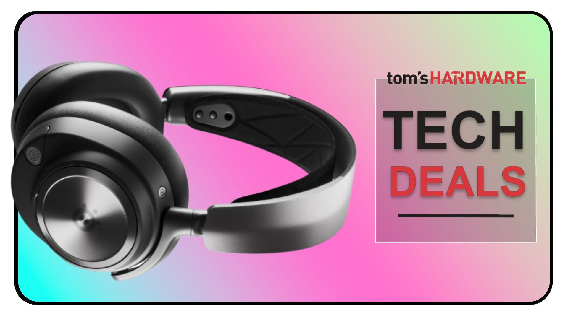 Black Arctis Nova Pro Wireless headset on a gradient background with a Tom's Hardware logo and "Tech Deals" lettering beneath.