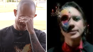 Trivium’s Matt Heafy with his head in his hands in 2025, next to a screenshot of Heafy dressed as the Phantom Of The Opera in 2005