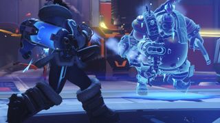 Overwatch 2 Mei using her endothermic primary weapon against Roadhog