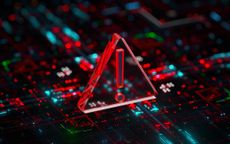 Cyber security illustration: an electronic circuit board with a warning sign (a red exclamation point inside a triangle)