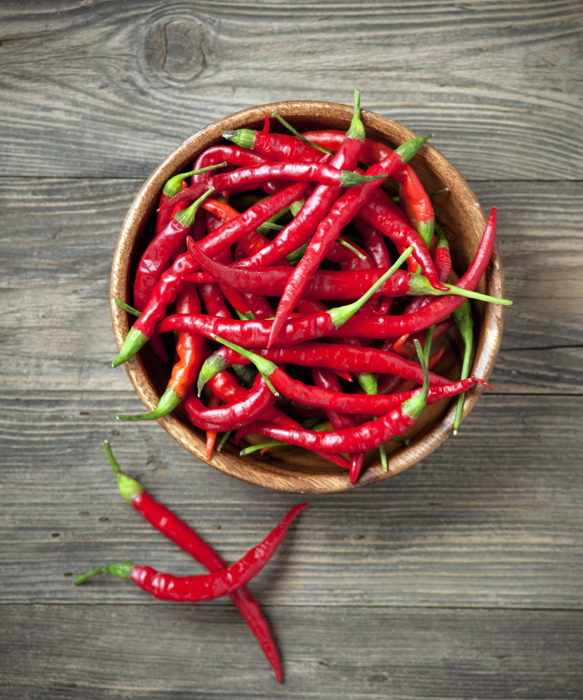 Red chili peppers in a bowl on a wooden background