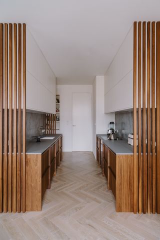 small wooden galley kitchen
