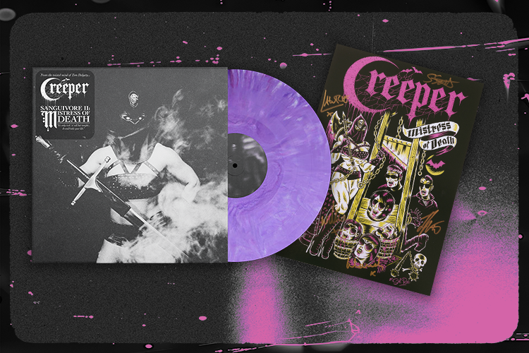 Purple vinyl copy of Creeper’s Sanguivore II: Mistress Of Death album with an art card