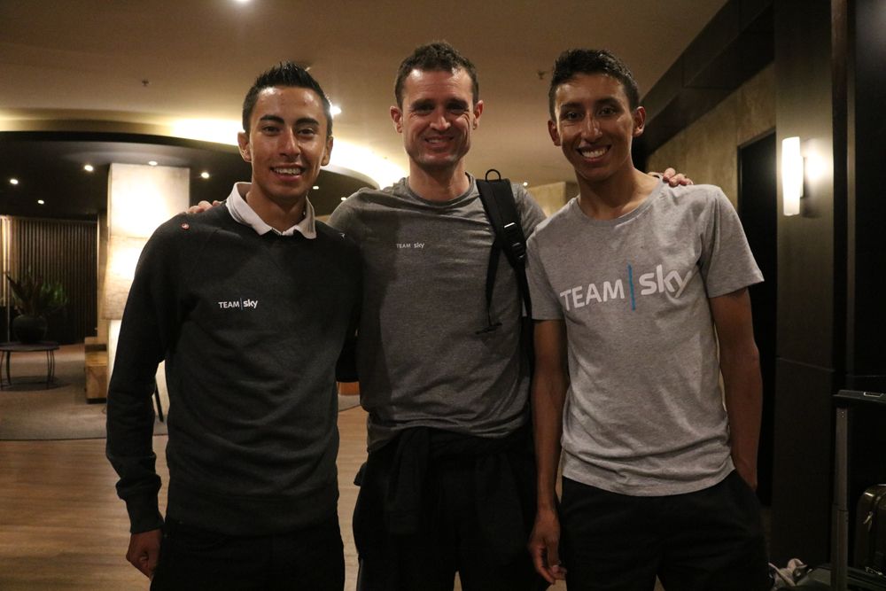 Sky's Colombian duo Ivan Sosa and Egan Bernal with DS Xabier Aretxe
