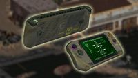 MSI Claw 8 AI+ Fallout edition handheld with front and back view and Fallout 2 gameplay blurred in backdrop