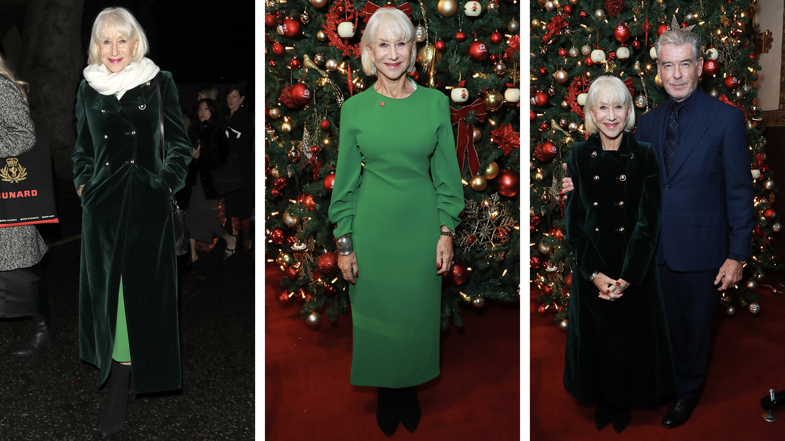 Helen Mirren wearing a green coat and green dress